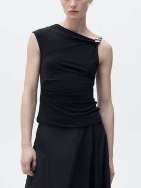 NWT Mango asymmetrical Black sleeveless Top with metallic appliqué small